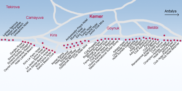 Карта отелей кириш Кемер. Карта Кемера с отелями. Отели Кемера на карте с названиями. Кемер карта отелей первой линии.